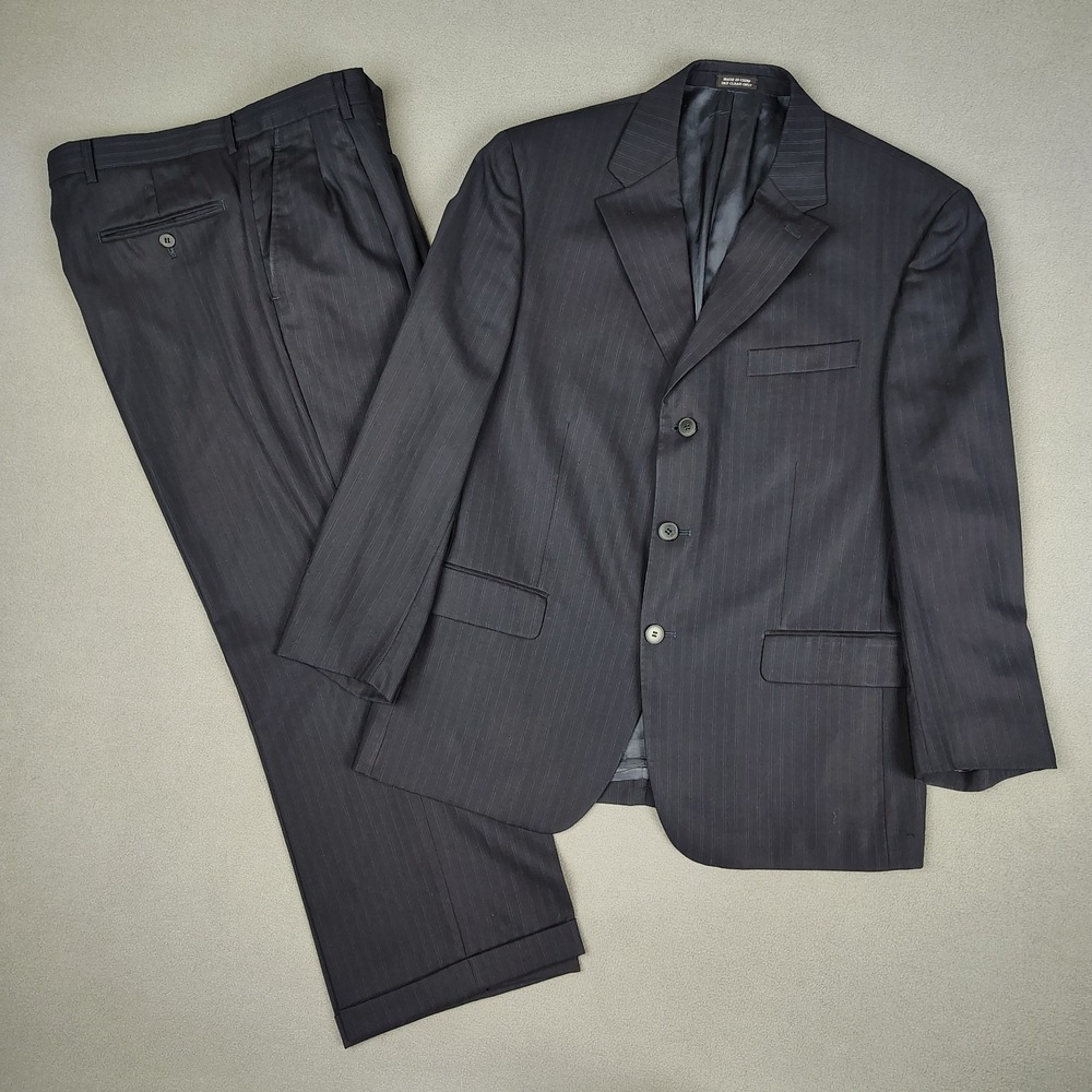 Oscar De La Renta 2pc Suit Men 42S Pants 34x28 Navy Wool Pinstripe Classic VTG